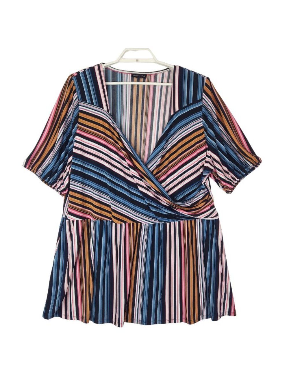 Lane Bryant Womens Top Multicolor Stripes Sz 26 28 Peplum Tunic Faux Wrap